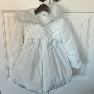 Mintini Baby Girl’s Ivory Puffer Coat with Bows and Faux Pearls
